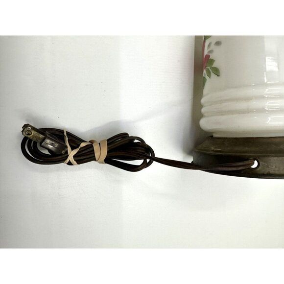 Vintage Milk Glass Oil Lamp Base With Floral Design & Brass Crown Detailing - Picture 10 of 14